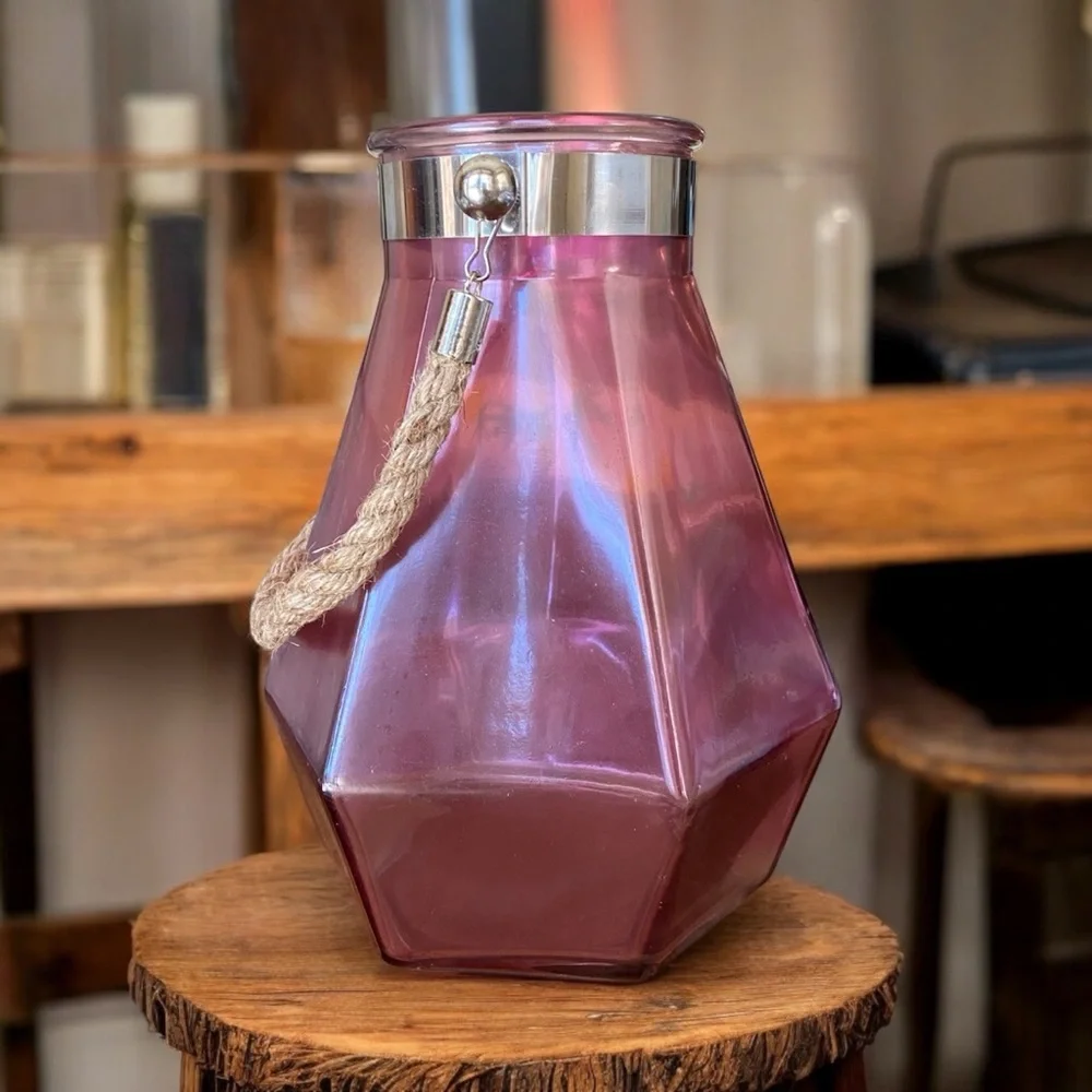 Pinkish Purple Geometric Glass Vase with Rope Handle